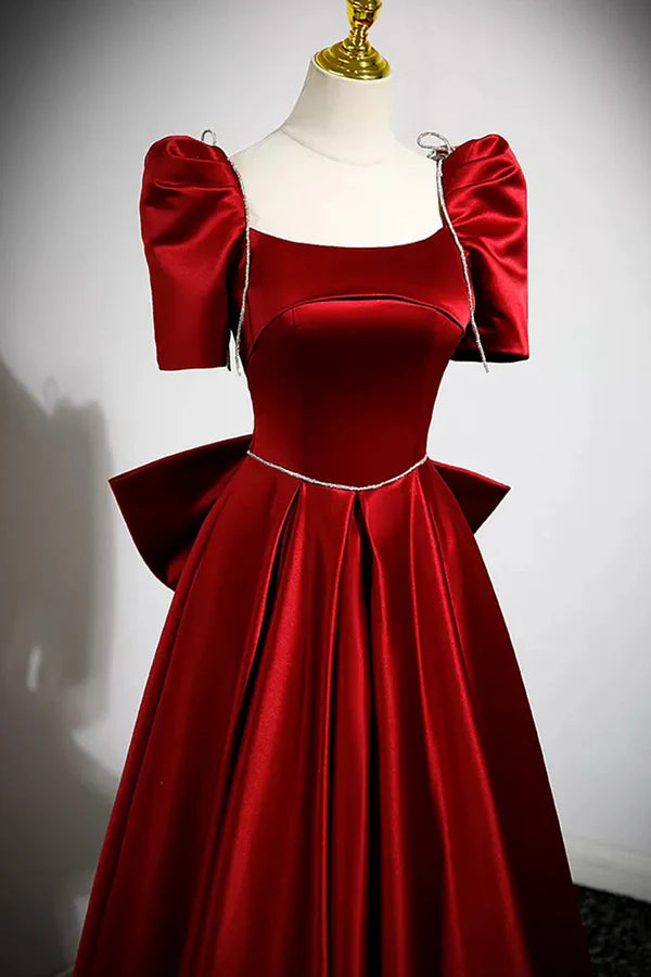 Wholesale Burgundy Satin Long Prom Dress A-Line Evening Dress with Bow